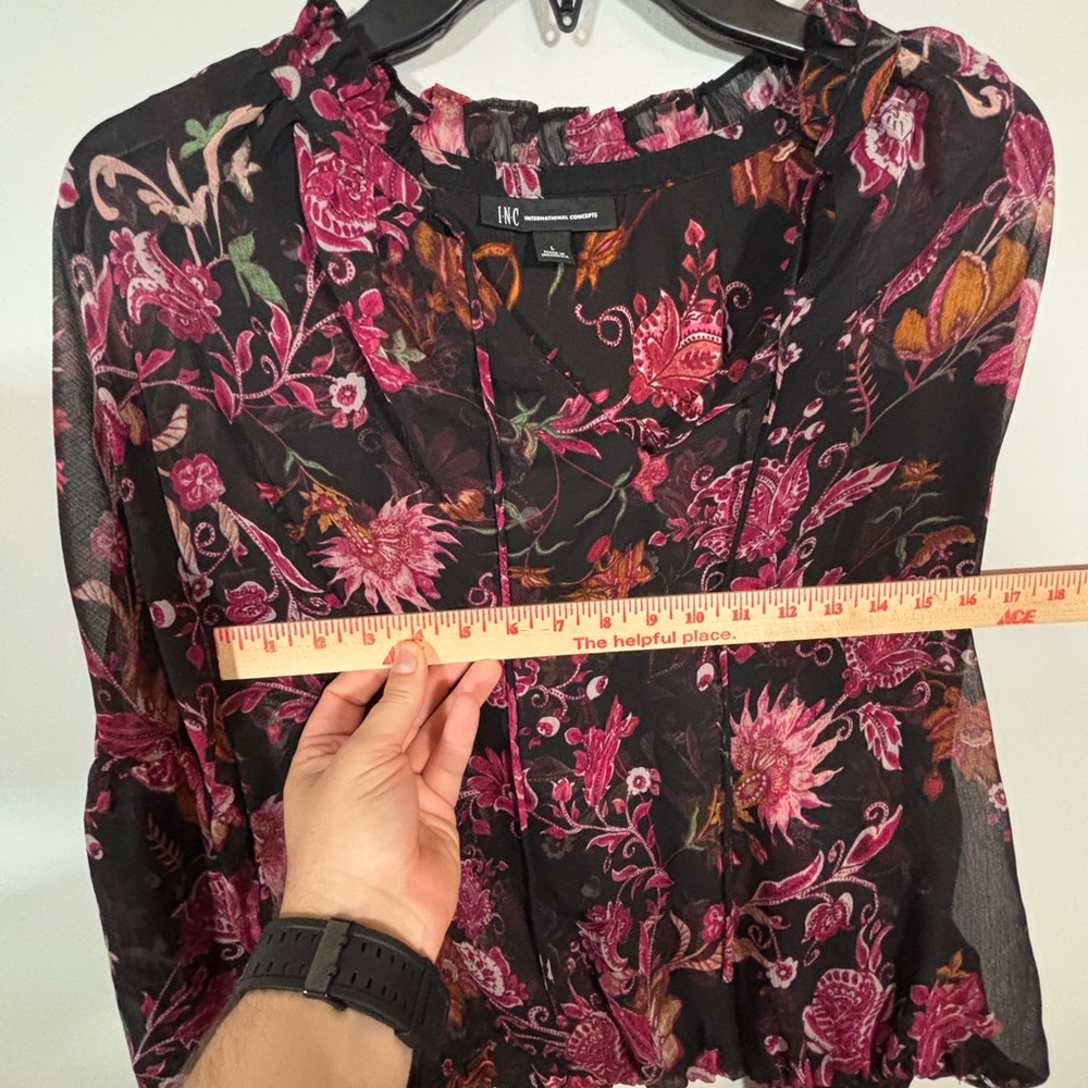 INC Black Pink Floral Sheer Long Sleeve Peasant Blouse Size L - Picture 8 of 10